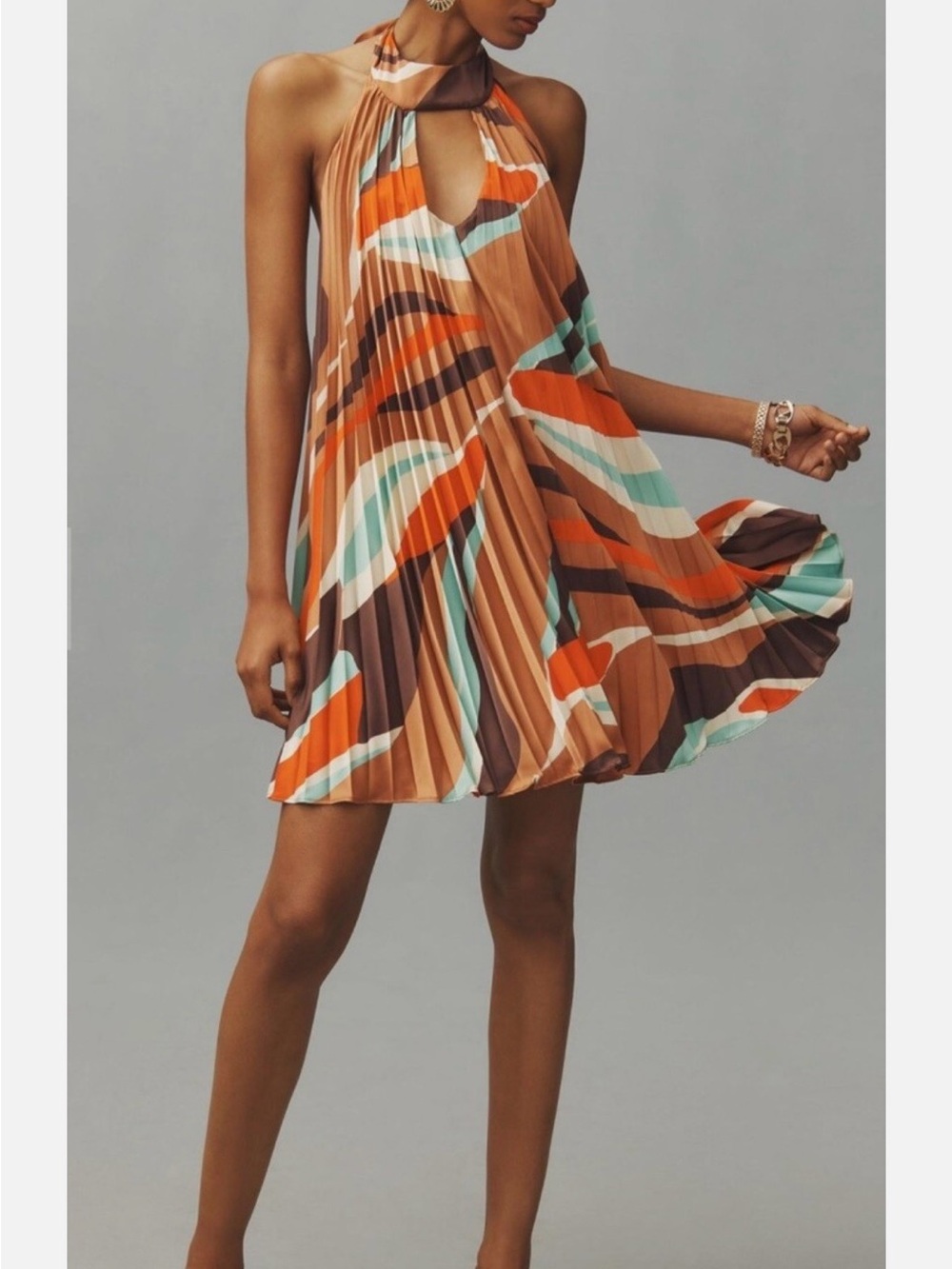NWT - Anthropologie Hutch Halter pleated Dress in Orange, Brown & Cream Stripes